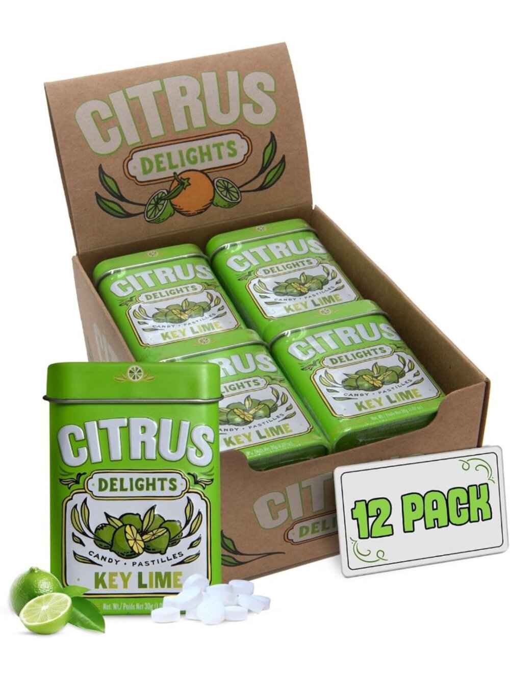 Vegan Key Lime Candy Pastilles - 30 Count Tin, Gluten-Free, Natural Citrus